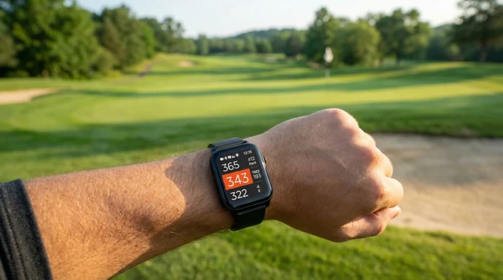 Golfer checking a golf GPS watch on the course